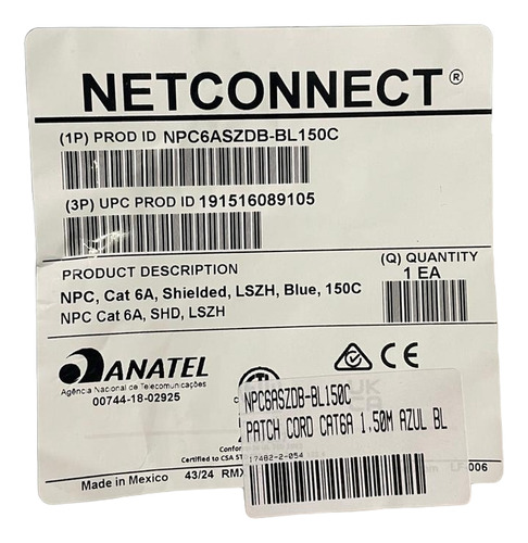 Patch Cord Cat6a Blindado 1,5mt Azul Commscope