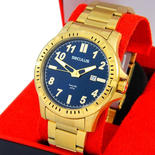 Relógio Seculus Masculino Long Life Dourado Original Cor do fundo Azulado