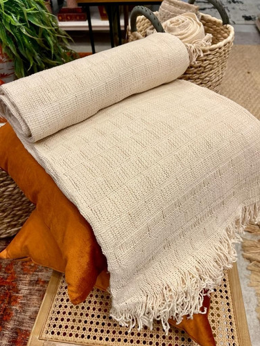 Manta Crochet / Frazada Ligera 100% Algodón Tejido Bige Gde