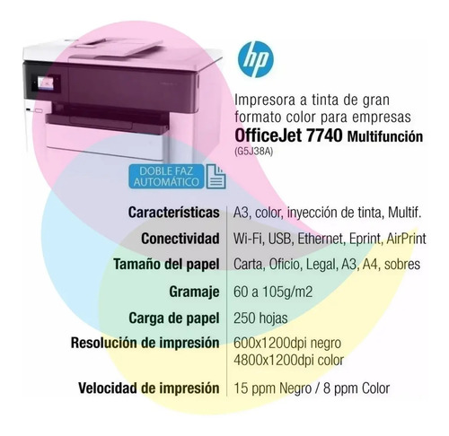 Impresora A3 Hp Officejet Pro 7740 Wifi Duplex Fax G5j38a | Envío gratis