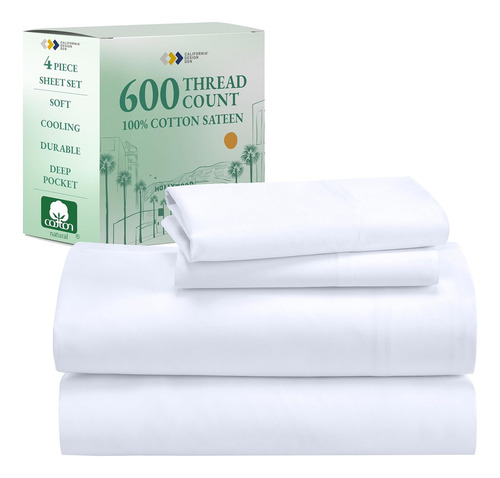 California Design Den Juego De Sábanas King De 600 Hilos Color Blanco Diseño De La Tela Liso