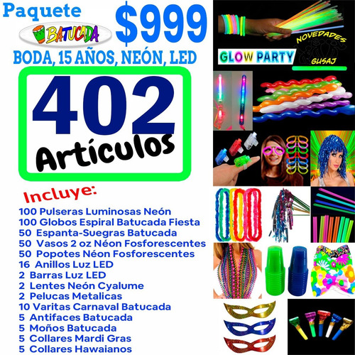 Paquete Batucada Fiesta Boda 15 Años Neon Led 402 Articulos