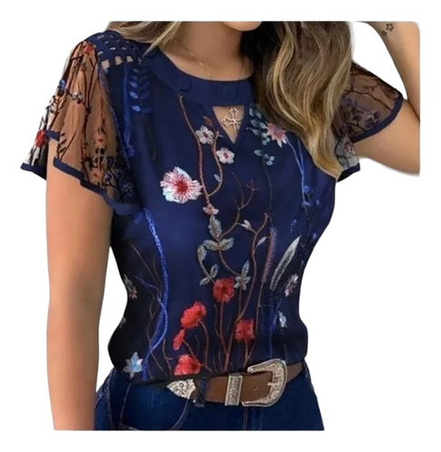 Blusa Feminina Bordada Floral Blue Tulle Flowers Manga Curta