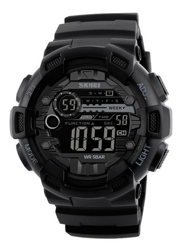 Imagen 1 de 1 de Reloj pulsera Skmei 1243 de cuerpo color negro, digital, para hombre, fondo negro, con correa de poliuretano color negro, dial gris, minutero/segundero gris, bisel color negro, luz celeste y hebilla simple