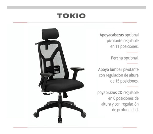 Silla Tokio Ergonómico Mesh Cabezal Regulable Con Percha Negro Tela Negra