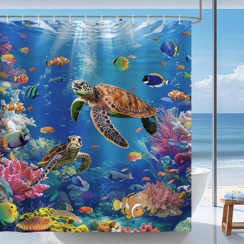 Cortina De Ducha Tortuga Marina Océano Tropical Peces Bajo