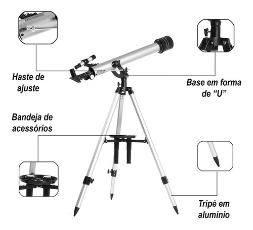 Telescópio Astronômico Refrator Luneta Alumínio 675x 900mm