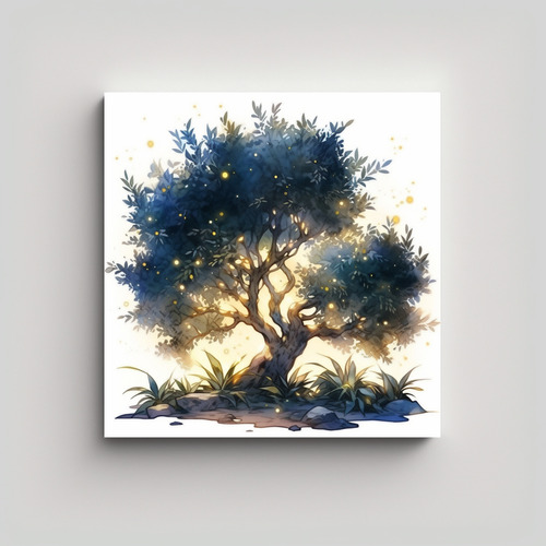 60x60cm Cuadro De Árbol De Olivo En Colores Acuarela Flores