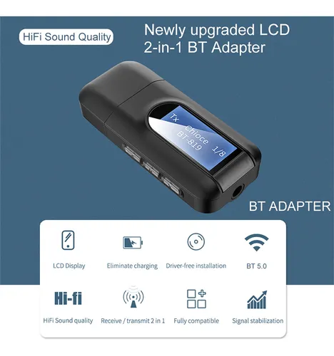 Transmisor Receptor 2 En 1 Usb Bluetooth 5.0 Con Lcd