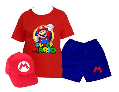 Conjunto Short + Polera + Gorro Estampado Diseño Mario Bros