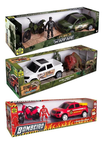 Conjunto 3 Brinquedos Barato 3x1 Soldado Bombeiro Carro Moto