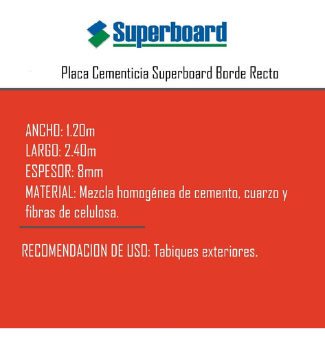 Placa Cementicia Superboard Borde Recto 8 Mm