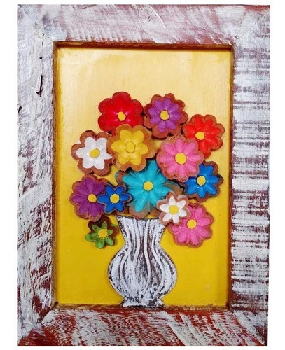 Quadro Vaso De Flores Sobrepostas Madeira Rústico (40x30)cm