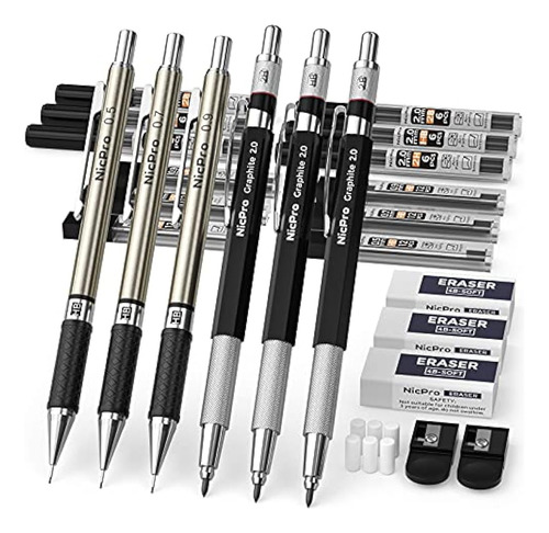 Nicpro 6pcs Art Mechanical Pencils Set, 3 Pcs Metal Drafting