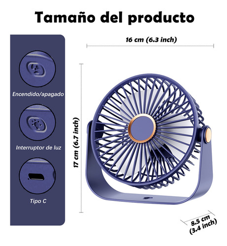 Ventilador De Escritorio Recargable Con Luz Nocturna Usb 16 Cm Azul