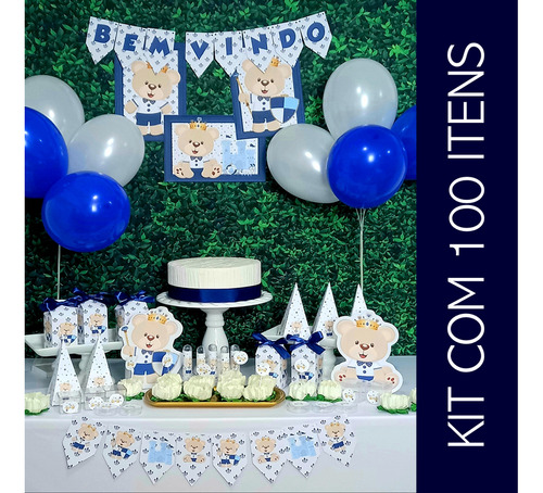 Ursinho Realeza 100 Itens Decoração Cha De Bebê Azul Marinho