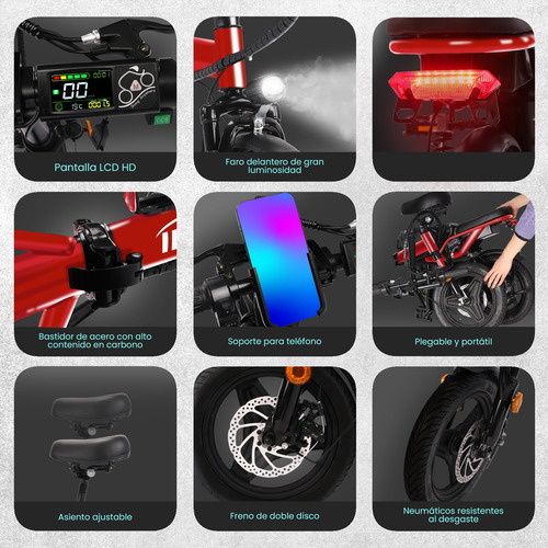 INLIFE C5 Bicicleta Eléctrica Plegable Con Dos Asientos & Batería Removible para Adultos, Potencia Máxima del Motor 800W, Velocidad Máxima 32KM/H, Autonomía 30-40KM, Batería 10AH, Color Rojo