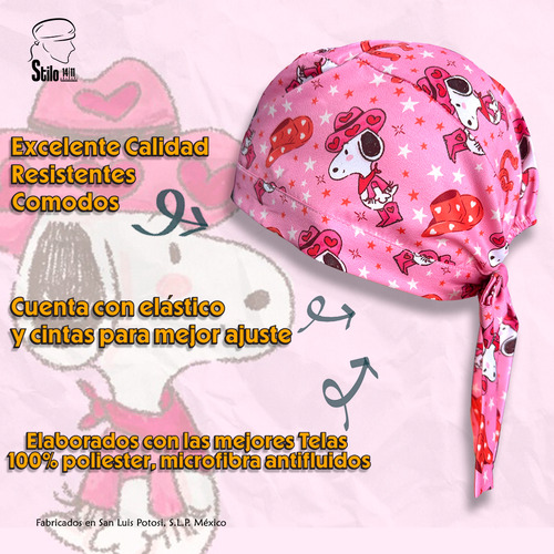 Gorro Médico Quirúrgico Repelente Unisex, Snoopy Cowboy Rosa Chicle Estampado Unitalla