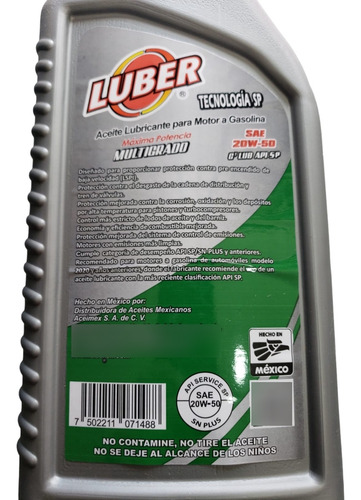 Aceite Multigrado 20w50 Para Auto (4 Litros) Marca Luber