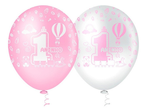 Balão Bexiga Meu Primeiro Aninho Rosa Meninas 50 Unidades
