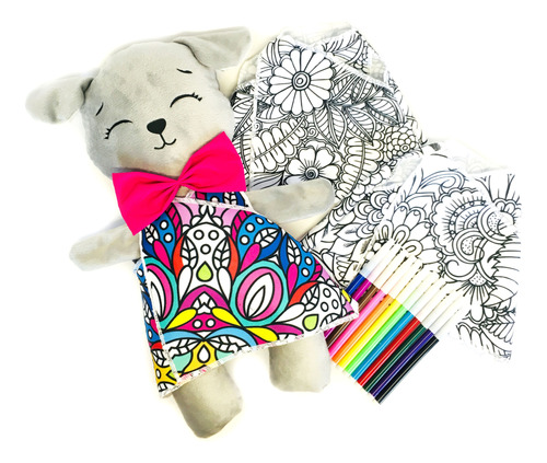 Perro De Peluche Mandala Con 3 Vestidos Colorear Lavables G