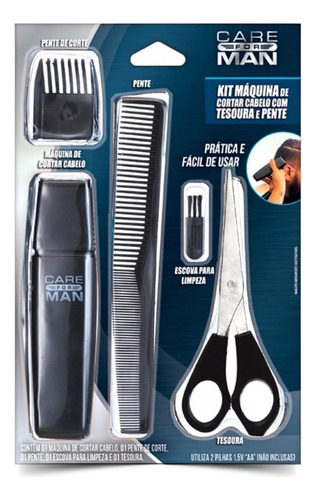 Kit Máquina De Cortar Cabelo A Pilha Com Tesoura E Pente Cor Preto