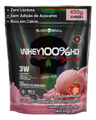 Whey Protein 100% HD Black Skull Refill Gourmet Mass Gain, sabor a helado de fresa, 450 g