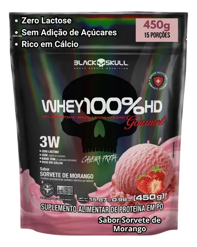 Whey Protein 100% HD Black Skull Refill Gourmet Mass Gain, sabor a helado de fresa, 450 g