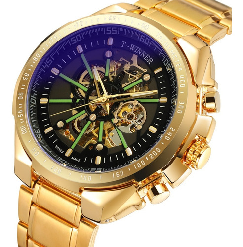 Imagen 5 de 10 de Reloj De Marca Winner Automático Hombre Skeleton Dorado