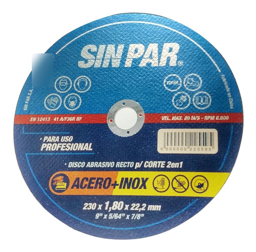 Disco De Corte Amoladora 230 X 1.8 Metal Acero/inox Sin Par