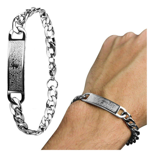 Pulseira Masculina Prata Aço Inox Oração Pai Religiao