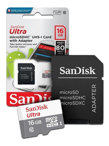 Memoria Microsdhc Sandisk 16gb Clase 10 Uhs-i 80mb/s