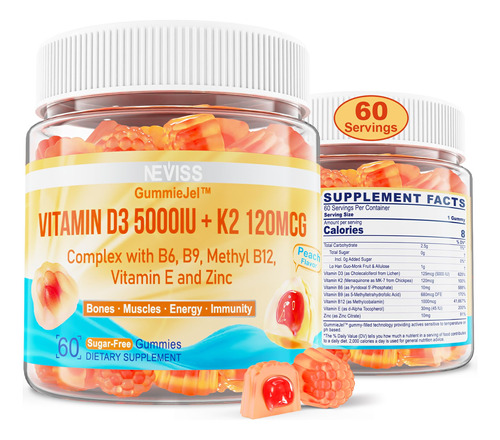 Vitamina D3 5000iu + K2 (mk-7) 120mcg, Sin Azucar, Vitamina