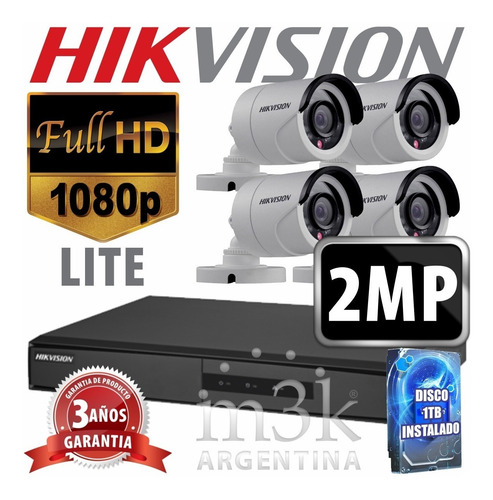 Cuotas Sin Interes! Kit Seguridad Hikvision Full Hd Dvr 8 + Disco Instalado + 4 Camaras 2mp 1080p Exterior Ir + Ip