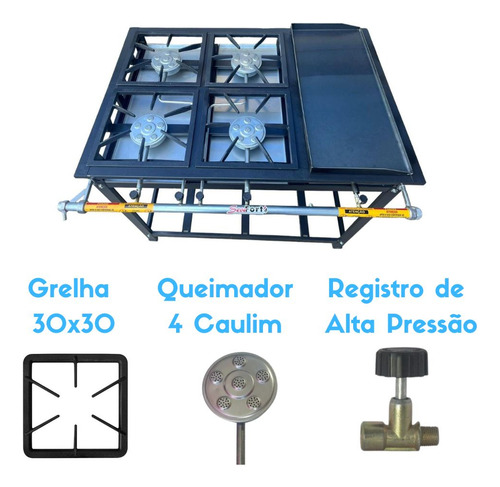 Fogão Industrial Área Gourmet 4 Boca 30x30 C/ Chapa Bife