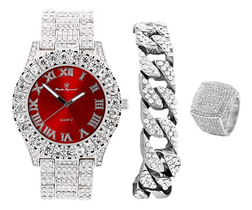 Reloj Con Bisel Big Rocks Y Pulsera De Cadena Cubana