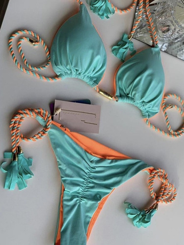Conjunto De Bikini Tanga Traje De Baño De Color Azul Mujer T
