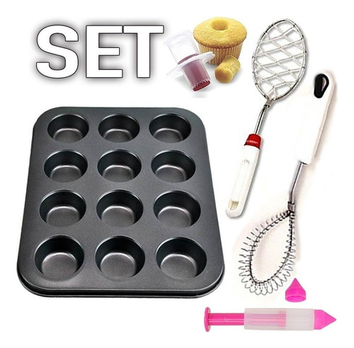 Combo Molde Muffins Cupcake Batidores Jeringa Extractor