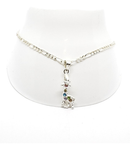 Pulsera Tobillo De Plata Tejido Figaro Con Jirafa Y Cristale Diámetro 7 Cm Largo 25 Cm