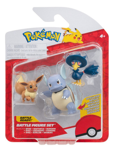 Paquete De 3 Figuras De Batalla Pokemon Eevee + Wartortle + Murkrow Articuladas