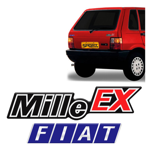 Kit Adesivo Emblema Mille Ex + Fiat Para Fiat Uno Resinado