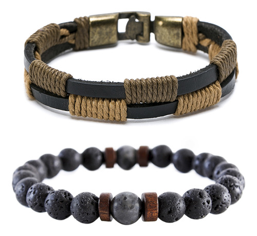 Pack 2 Pulseras De Cuero Hombre Hilos Pulsera Piedra Natural