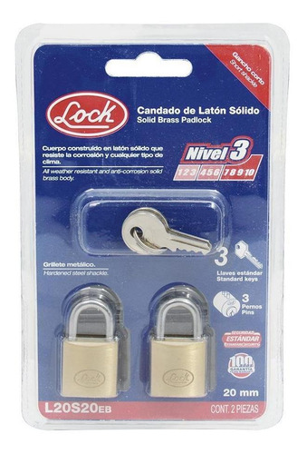 Candado Para Cortina De Latón Llave Estándar 2 Pzs 20mm Lock