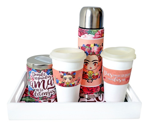 Juegos De Te Cafe Bandeja Desayuno Termo 500 Ml Frida Kahlo