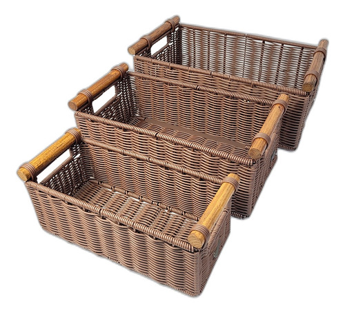 Cesto Multiuso Rattan Plástico Kit Com 3 Tamanhos Com Alça Cor Marrom-escuro