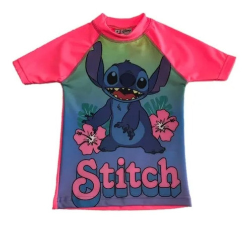 Remera Manga Corta Stitch Rosa Con Protección Uv 50