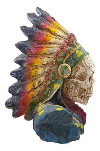 Figura Penacho Azteca, Decorativo Craneo En Resina 45 Cm