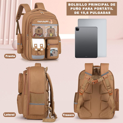 Mochila Para Niños Capybara - Mochila De Dibujos Mochila Kawaii Con 1 Colgante De Felpa, 3 Tarjetas, 6 Insignias Y 1 Estuche Lápiz Sin Alivio Suministros Escolares De Capibara Sin Desliz