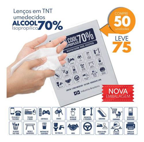 Lenço Umedecido  Alcool Gel 70% Isopropilico C/50 Unid