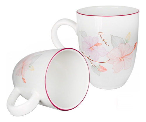 Juego 6 Tazas Decoradas Flores Cerámica 380 Ml Vencort Color Blanco Acapulco
